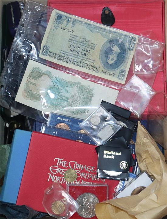 A box of UK and Foreign coins to include 1968 specimen set, two cased Investiture Caernarvon 1969 silver 4 coin set etc